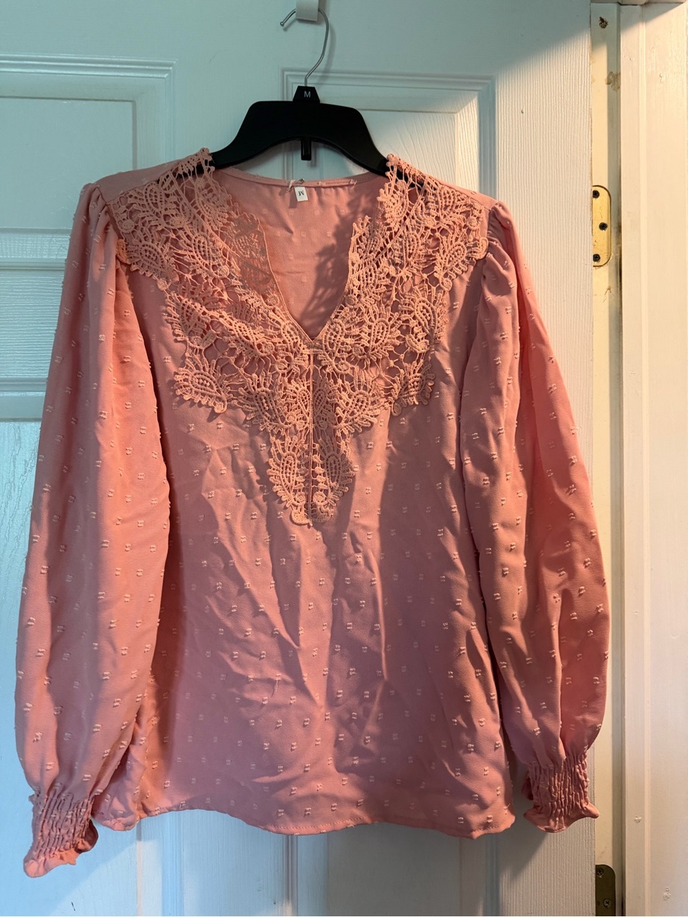 Pink Lace-Detail V-Neck Blouse with Smocked Cuffs